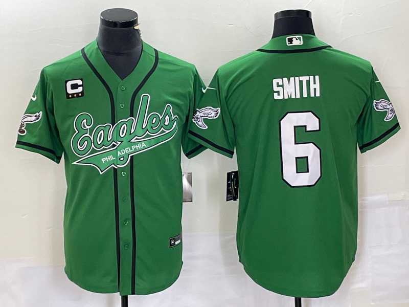 Mens Philadelphia Eagles #6 DeVonta Smith Green C Patch Cool Base Stitched Baseball Jersey